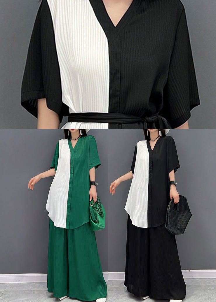 Fashion Black V Neck Patchwork Chiffon Tops And Wide Leg Pants Two Pieces Set Summer