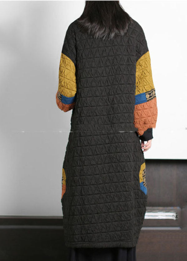 Fashion Black V Neck Patchwork Oriental Button Fine Cotton Filled Long Coats Winter