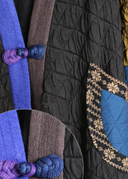 Fashion Black V Neck Patchwork Oriental Button Fine Cotton Filled Long Coats Winter