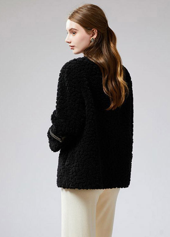 Fashion Black V Neck Patchwork Sashes Faux Fur Coat Winter