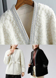 Fashion Black V Neck Patchwork Sashes Faux Fur Coat Winter