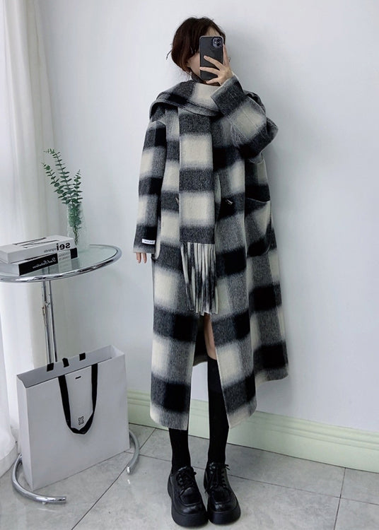 Fashion Black V Neck Pockets Plaid Wool Coats Winter