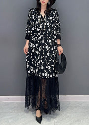 Fashion Black V Neck Print Lace Patchwork Cotton Dress Summer