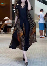 Fashion Black V Neck Print Patchwork Silk Long Dresses Summer
