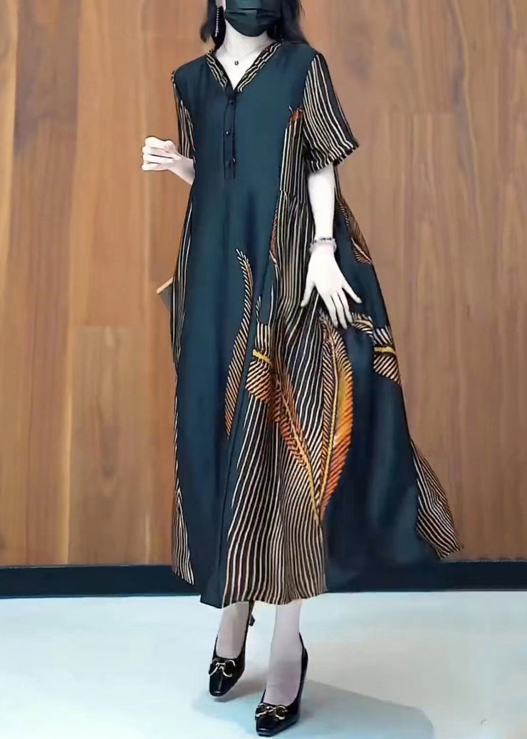 Fashion Black V Neck Print Patchwork Silk Long Dresses Summer