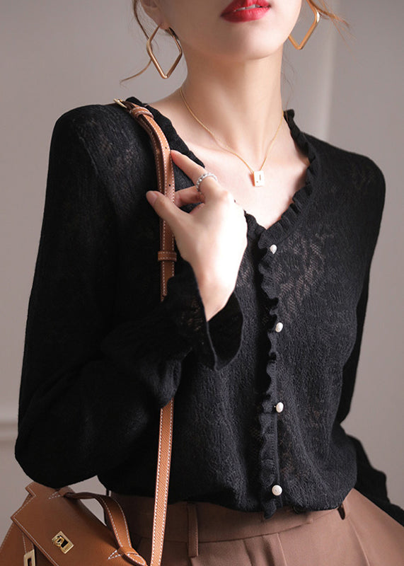 Fashion Black V Neck Ruffled Hollow Out Lace Knit Top Flare Sleeve