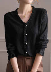 Fashion Black V Neck Ruffled Hollow Out Lace Knit Top Flare Sleeve