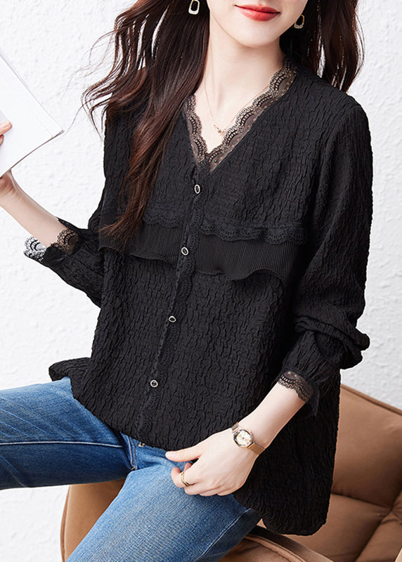 Fashion Black V Neck Ruffled Lace Patchwork Top Fall
