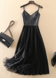 Fashion Black V Neck Sheepskin Patchwork Tulle Dress Sleeveless