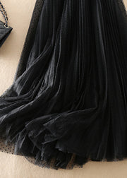 Modisches schwarzes Schaffell-Patchwork-Tüllkleid mit V-Ausschnitt, ärmellos
