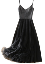 Fashion Black V Neck Sheepskin Patchwork Tulle Dress Sleeveless