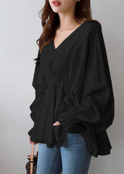 Fashion Black V Neck Wrinkled Patchwork Cotton Shirts Tops Lantern Sleeve