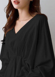 Fashion Black V Neck Wrinkled Patchwork Cotton Shirts Tops Lantern Sleeve