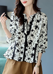 Fashion Black White Colour V Neck Print Lace Patchwork Chiffon Shirts Long Sleeve