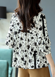 Fashion Black White Colour V Neck Print Lace Patchwork Chiffon Shirts Long Sleeve