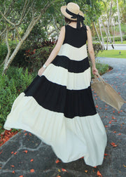 Fashion Black White Patchwork O-Neck Tie Waist Chiffon Long Dress Sleeveless