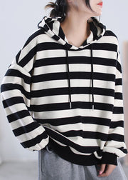 Fashion Black White Striped Hooded Drawstring Cotton Sweatshirts Top Long Sleeve