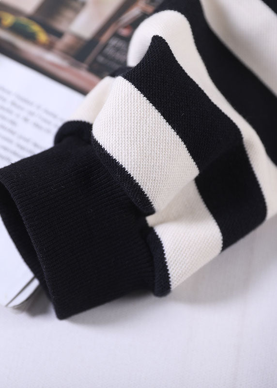 Fashion Black White Striped Hooded Drawstring Cotton Sweatshirts Top Long Sleeve