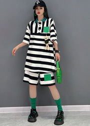Fashion Black White Striped Peter Pan Collar Patchwork Applique Cotton Shirts And Shorts Two Pieces Set Summer