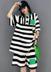 Fashion Black White Striped Peter Pan Collar Patchwork Applique Cotton Shirts And Shorts Two Pieces Set Summer