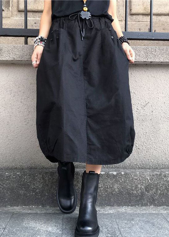 Fashion Black Wrinkled Pockets Elastic Waist Cotton Skirts Spring