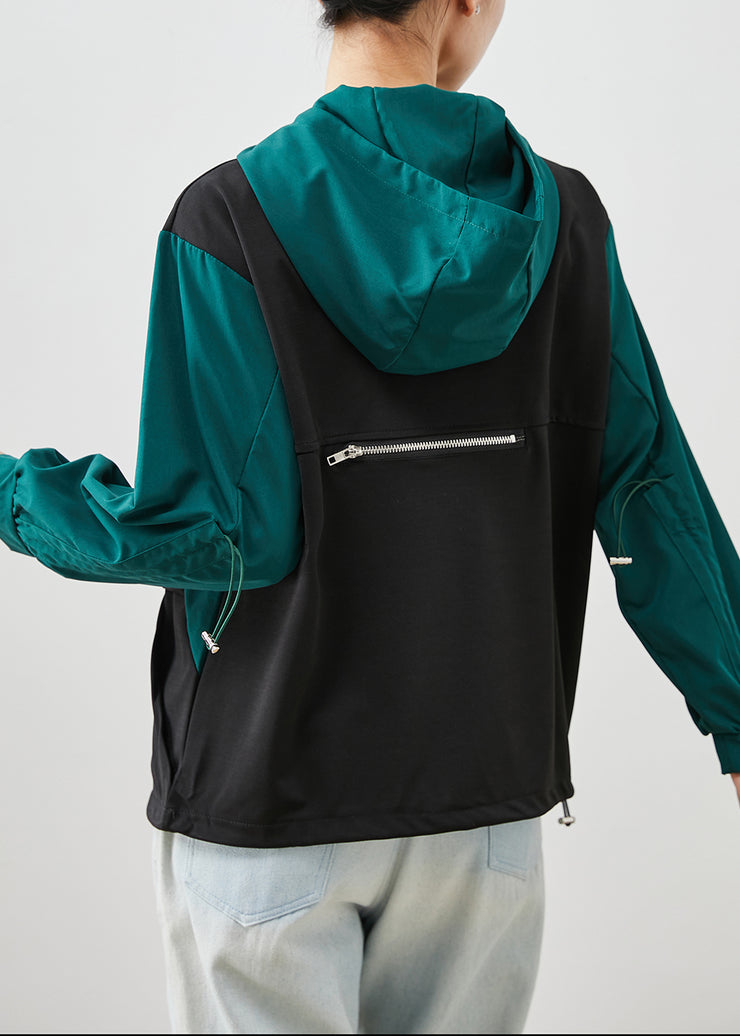 Fashion Black Zip Up Patchwork Drawstring Cotton Sweatshirts Top Fall