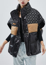 Fashion Black Zip Up Patchwork Fine Cotton Filled Vests Winter