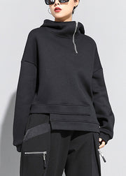 Fashion Black Zip Up Patchwork Warm Fleece Hooded Sweatshirt Long Sleeve