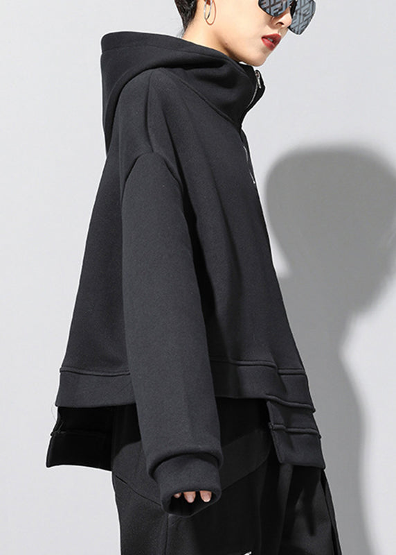Fashion Black Zip Up Patchwork Warm Fleece Hooded Sweatshirt Long Sleeve