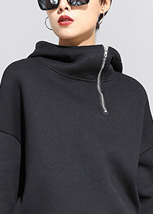Modisches, schwarzes Patchwork-Sweatshirt mit Reißverschluss, warme Fleece-Kapuze, lange Ärmel
