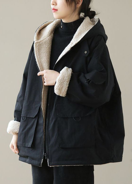 Fashion Black Zip Up Pockets Thick Fuzzy Wool Lined Cotton Hoodie Coat Winter