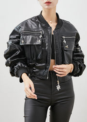 Fashion Black Zip Up Rivet Faux Leather Jackets Spring