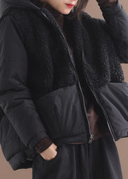 Fashion Black hooded Patchwork Zippered Long Sleeve Winter Coat