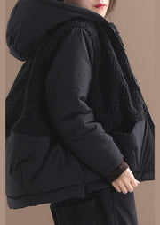 Modischer schwarzer Patchwork-Wintermantel mit Reißverschluss und langen Ärmeln