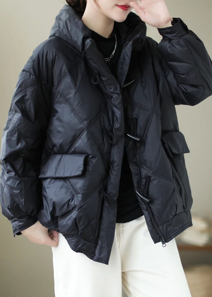 Mode Schwarz mit Kapuze und Reißverschluss Lässige Winter Entendaunen Wintermäntel