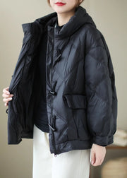 Mode Schwarz mit Kapuze und Reißverschluss Lässige Winter Entendaunen Wintermäntel