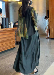 Fashion Blackish Green Asymmetrical Design Print Tops And Skirts Silk Two Pieces Set Summer