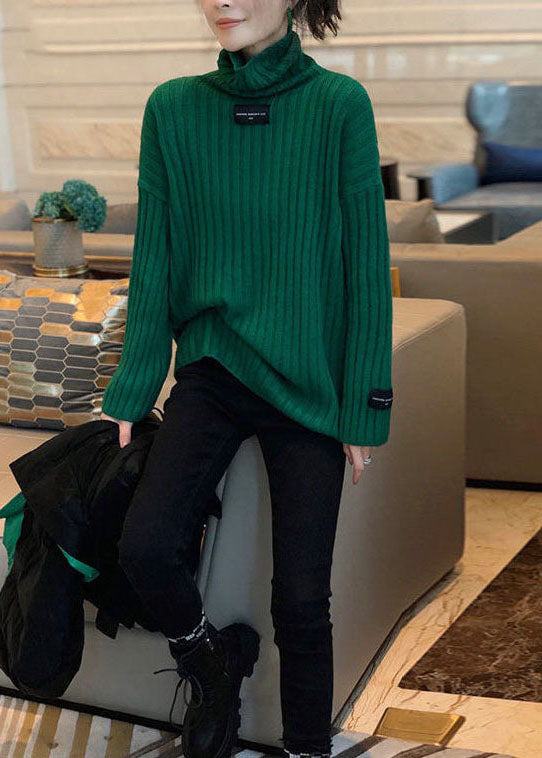 Fashion Blackish Green Turtle Neck Applique Thick Knit Pullover Winter