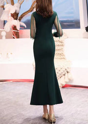 Fashion Blackish Green V Neck Nail Bead Tulle Long Dresses Bracelet Sleeve