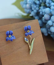 Fashion Blue Alloy Zircon Floral Drop Earrings