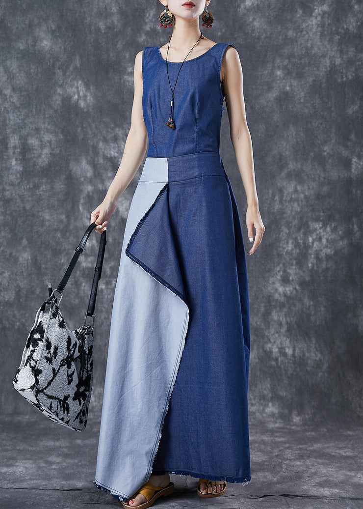 Fashion Blue Asymmetrical Patchwork Backless Denim Dress Summer