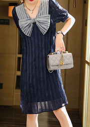 Fashion Blue Bow Patchwork Chiffon Mid Dress Summer