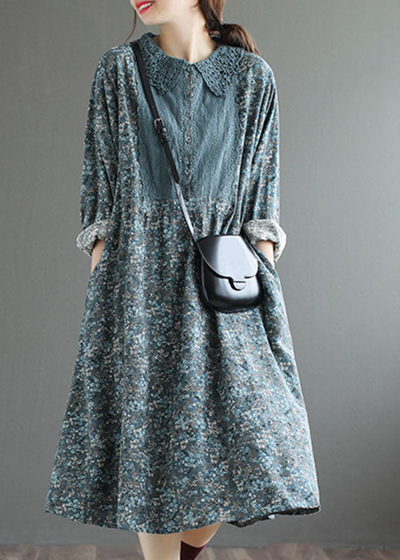 Fashion Blue Cute Button Print Fall Dress Long sleeve