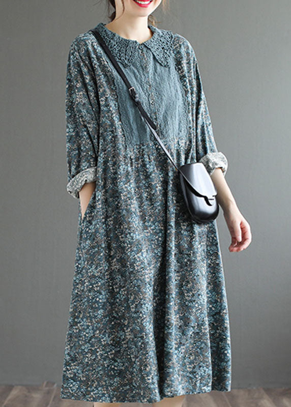Fashion Blue Cute Button Print Herbstkleid Langarm
