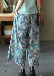 Fashion Blue Elastic waist Pockets Linen Beam Pants Summer