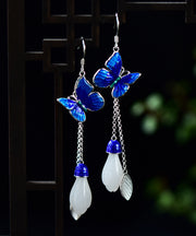 Fashion Blue Floral Paitings Silver Gem Stone Drop Earrings