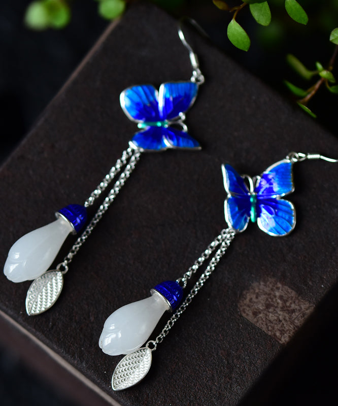 Fashion Blue Floral Paitings Silver Gem Stone Drop Earrings