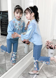 Fashion Blue Floral Ruffled Cotton Tops And Denim Pants Baby Girls Two Pieces Set Fall