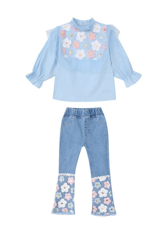Fashion Blue Floral Ruffled Cotton Tops And Denim Pants Baby Girls Two Pieces Set Fall