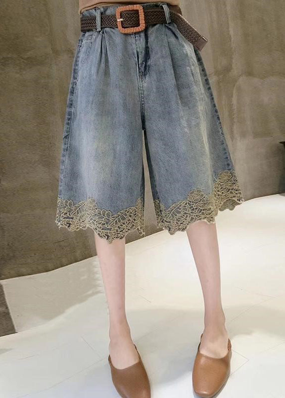 Fashion Blue High Waist Lace Patchwork Denim Shorts Summer